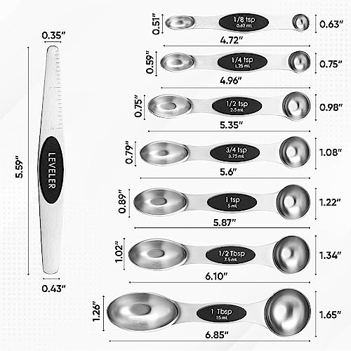 Magnetic Stainless Steel Measuring Spoons Set of 8 with Leveler - Black