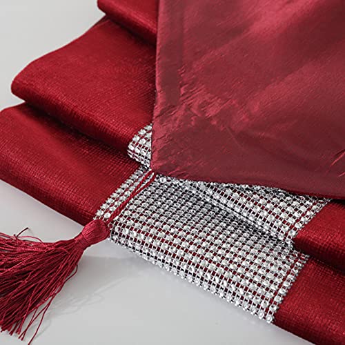 Red Sequin Rhinestone Table Runner 13x72 Inches with Tassels for Weddings & Holidays