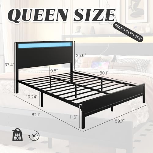 Queen Bed Frame with Storage Headboard, LED Lights & Charging Station