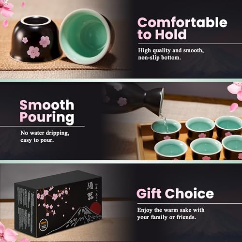Black DUJUST Japanese Sake Set with Warmer, 6 Cups, Bottle, Candle Stove & Gift Box