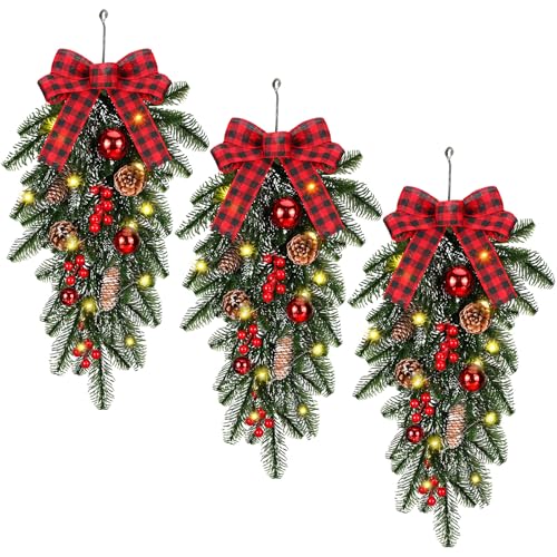 3 Pcs 24-Inch Lighted Christmas Teardrop Swags with Pine Cones & Berries