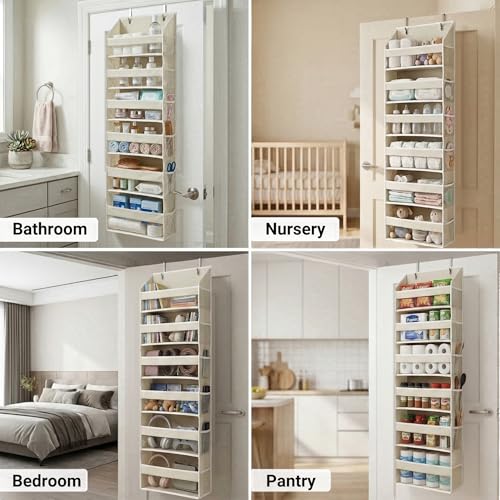 6-Tier Over the Door Storage Organizer with 12 Side Mesh Pockets - Ivory