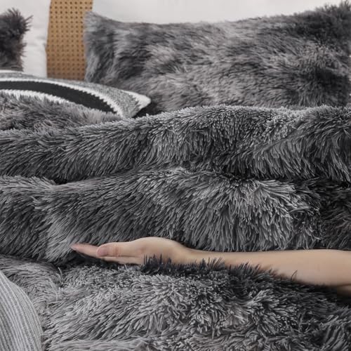 Fluffy Faux Fur King Comforter Set - 3-Piece Plush Tie-Dye Grey Bedding Set