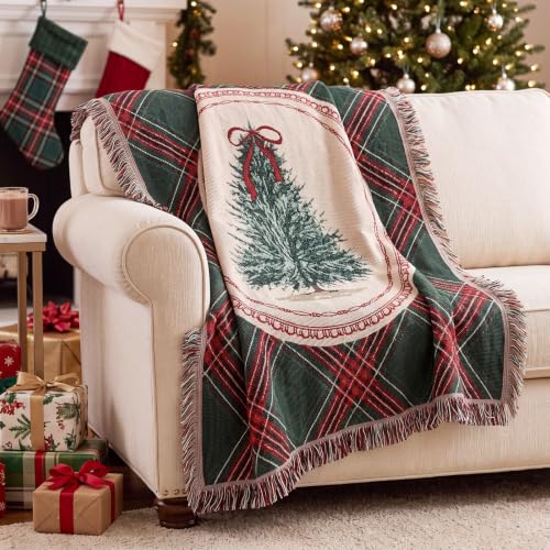 Retro Christmas Tree Woven Blanket - Green Tartan Plaid Throw 50x60