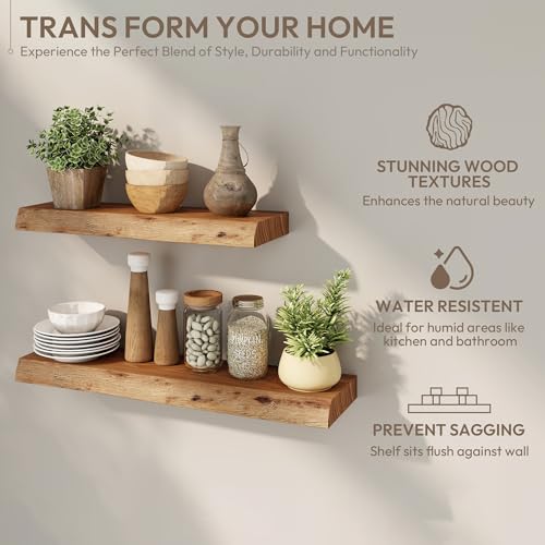 24-Inch Live Edge Floating Shelves - Rustic Reclaimed Elm Wall Shelves (2-Pack)