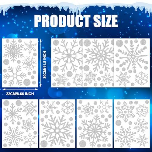 Augisteen 8 Sheets Extra Large Glitter Snowflake Window Clings - Reusable Double-Sided Xmas Window Decor