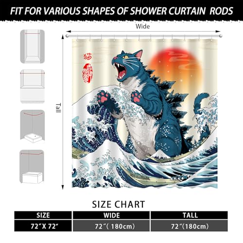 Blue Cat Monster Shower Curtain - Japanese Anime Style, 72 x 72 Inches