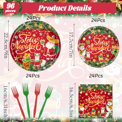 Deorfuy Feliz Navidad Spanish Christmas 96pc Dinnerware Set — 24 Plates, 24 Napkins, 24 Forks