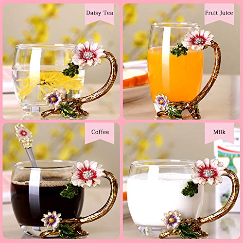 11oz Enamel Sunflower Crystal Lead-Free Glass Tea Cup & Spoon Set – Perfect Gift for Christmas & Valentine's Day