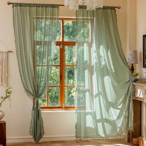 Sutuo Home Sage Green Boho Lace Sheer Curtains 2 Panels, 50x108 in