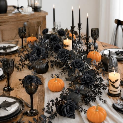 Artificial Black Rose Garland 2-Pack - 6.5ft Silk Vine Gothic Decor