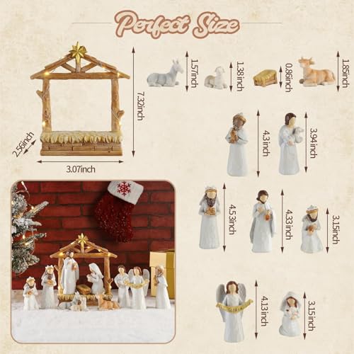 12-Piece Lighted Nativity Scene Set, Hand-Painted Resin Christmas Table Decor