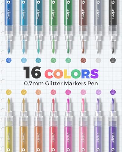 JusArt 16 Colors Glitter Paint Pens for Glass & Art, Fine Tip 0.7mm, Non-Toxic