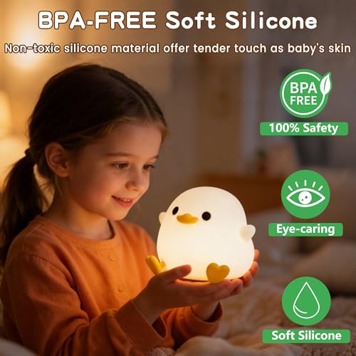 Cute Duck Night Light, Rechargeable Squishy Silicone Nursery Lamp