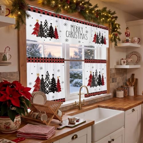 Irenare Buffalo Plaid Christmas Kitchen Curtains Set - 3 Pieces, Festive Holiday Decor
