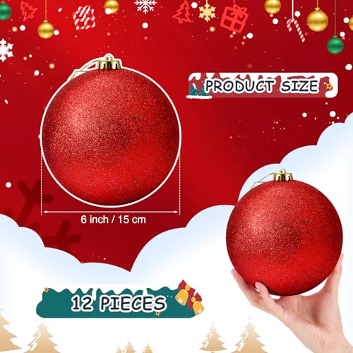 Poen 12-Pack Red 6 Inch Glitter Christmas Ball Ornaments - Holiday Decor