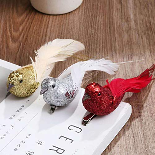 12pcs Gold Glitter Birds Christmas Tree Ornaments Clip-On Feathered Decorations