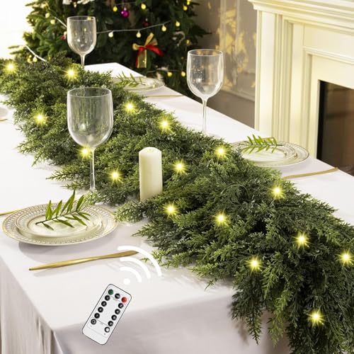 KIWDY 5FT Lit Cedar Garland with Lights - Realistic Faux Pine Deco for Mantle, Indoor/Outdoor