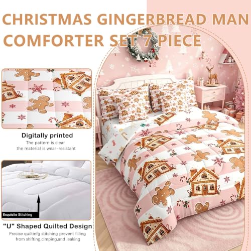 Feelyou Pink Gingerbread Man Comforter Set with Sheets 7-Piece Full kids bedding beige/pink