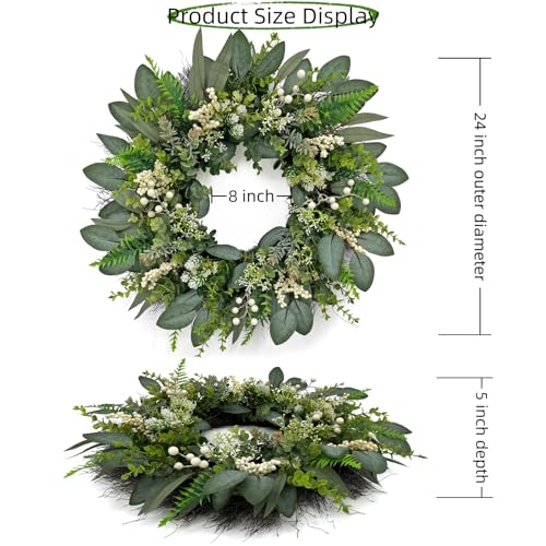 24-Inch Artificial Eucalyptus Wreath with Berries for Front Door Decor