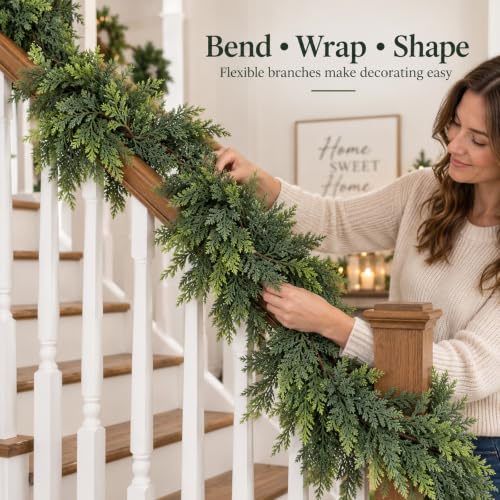Anytin 6 FT Real Touch Artificial Cedar Christmas Garland for Mantel, Rustic Holiday Decor