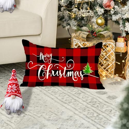 Jbralid Christmas Pillow Cover 12x20 Inch Red Black Buffalo Plaid Farmhouse Decor, Pack of 1, Merry Christmas