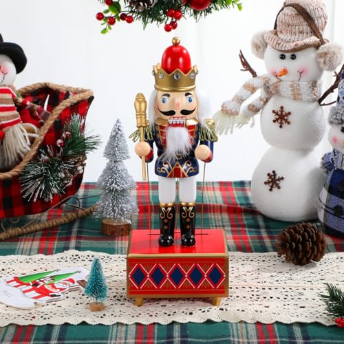 Blue Wooden Nutcracker Music Box - 12 Inch Christmas Soldier Decor