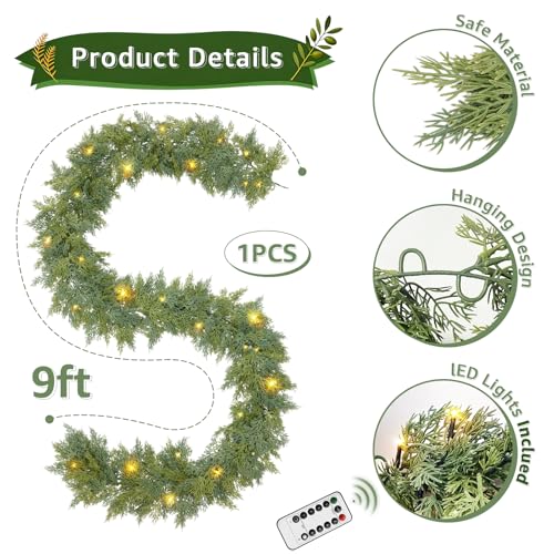 IGEri Cedar-A 9 Ft Artificial Christmas Garland with Real Touch Pine for Outdoor Decor