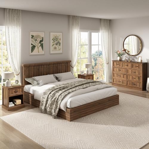 3-Piece Farmhouse Bedroom Furniture Set: 9-Drawer Dresser and 2 Nightstands