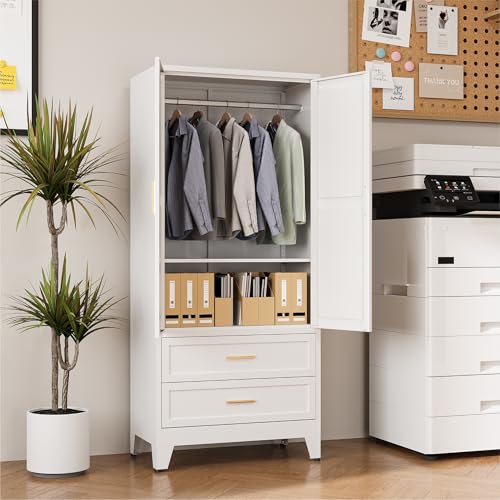 71" Metal Wardrobe Closet with 2 Drawers, Hanging Rod & Adjustable Shelf