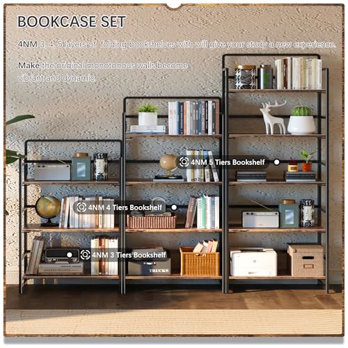 5-Tier Folding Bookshelf, Industrial Metal and Wood Storage Rack