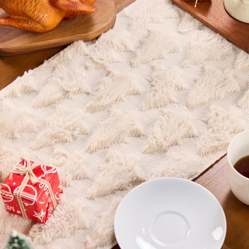 Mostop Cream Tree Christmas Table Runner 13x72 Inch Faux Fur Holiday Decor