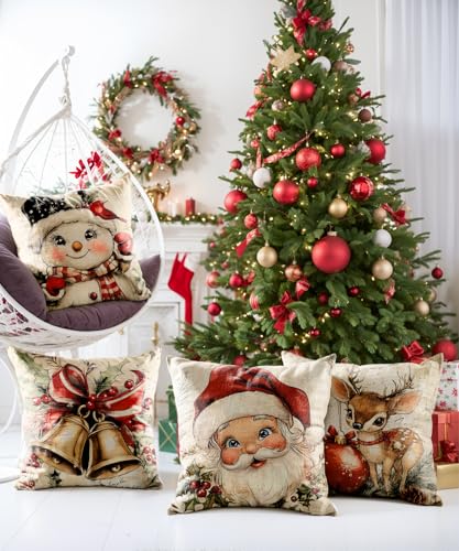 Vintage Snowman Christmas Pillow Covers Set of 4 18x18 Inches