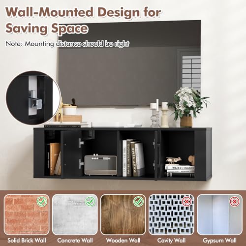 Wall Mounted Storage Cabinet, 4-Compartment Floating Media Console in Black