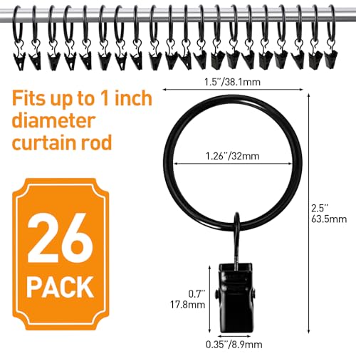 26 PCS Black Curtain Rings with Clips, 1.26-Inch Inner Diameter