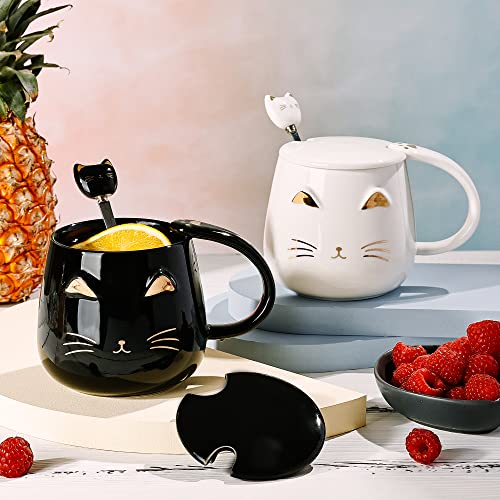 Black 2 Pack Cat Mug with Lid & Kitty Spoon - 13oz Ceramic Gift for Cat Lovers