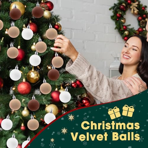 Beeveer 96 Pcs Velvet Christmas Ornaments 1.57'' Flocked Xmas Tree Balls in Khaki, Apricot, Dark Brown, White