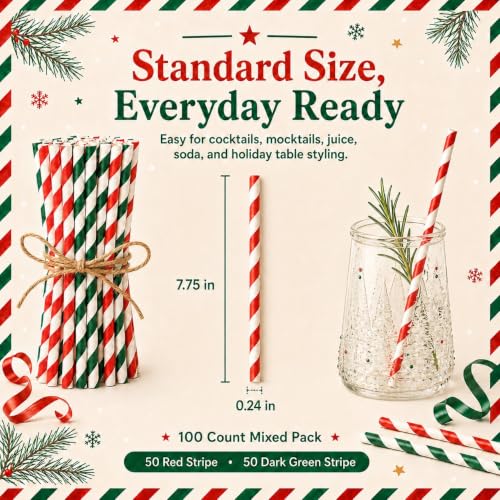 NINU 100 Pack Christmas Paper Straws - Red & Dark Green Striped (Variation: Christmas-C)