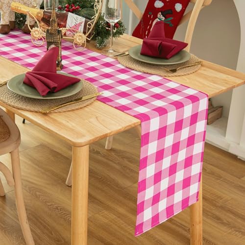Essifunia Rose Pink 108 x 12 inch Waterproof Checkered Table Runner