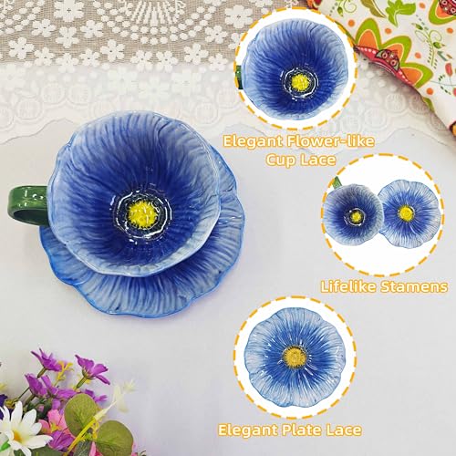 JUSONEY Blue Flower-Shaped Ceramic 10oz Latte & Tea Cup Set with Saucer