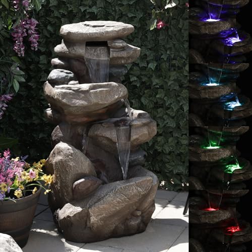 40-Inch Tiered Rock Floor Fountain with Color-Changing LED and Remote