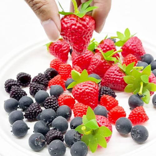 60 PCS Artificial Fruit Set - Fake Blueberries & Strawberries for Decor