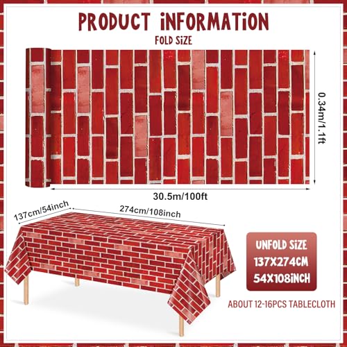 Red Brick Tablecloth Roll 100ft x 54in Waterproof Disposable Party Cover