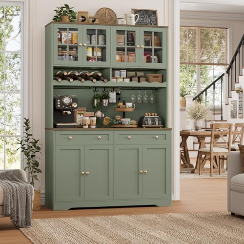 75" Tall Kitchen Pantry Storage Cabinet with Coffee Bar Hutch & Outlet