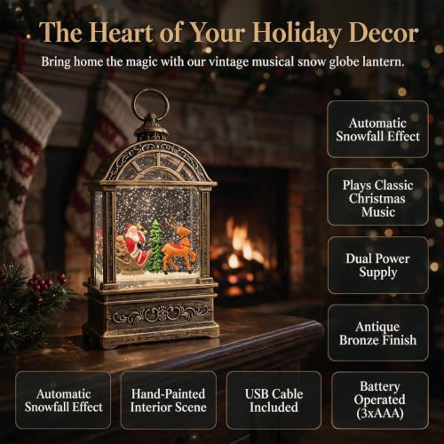 Santa Claus Snow Globe Lantern with Music & LED Lights – 9.6 inch, USB or Battery powered