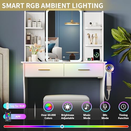Makeup Vanity Desk with LED Mirror, Power Outlet, RGB Lights & Stool