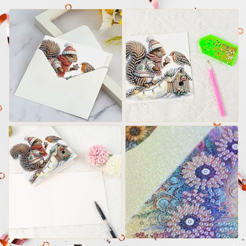 Antor 6-Pack Squirrel Christmas Diamond Painting Cards - DIY Rhinestone Holiday Greeting Set