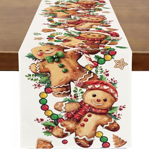 Baccessor Christmas Gingerbread Man Table Runner 13x48 Burlap - Funny Candy Cane Xmas Decor