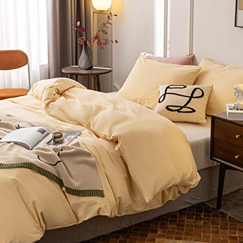 Ultra-Soft 100% Washed Cotton Duvet Cover Set - Queen, Cream Yellow