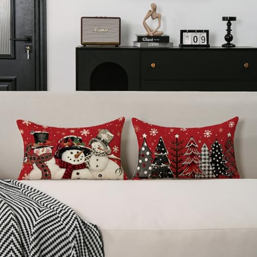 Red Christmas Pillow Covers 12x20 Set of 2 with Snowman & Trees